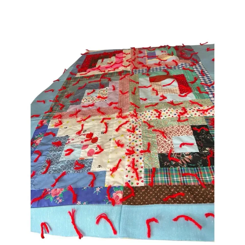 Vintage Handmade Patchwork‎ Tied Multicolor 42x32 Cottagecore Quilt Throw